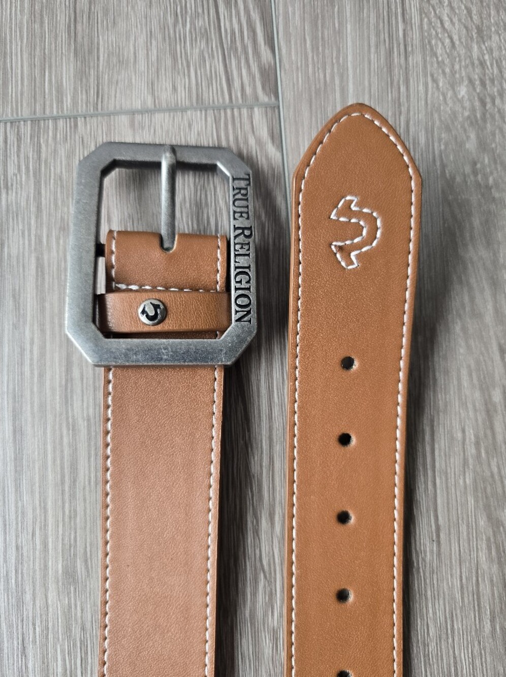 True Religion Tan Horseshoe Logo Belt Silver Buckle Western Y2K Faux Leather M/L
